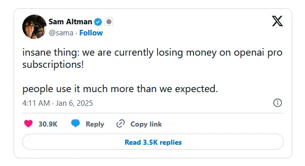 Sam Altman tweet: insane thing: we are currently losing money on openai pro subscriptions, people use it much more than we expected.